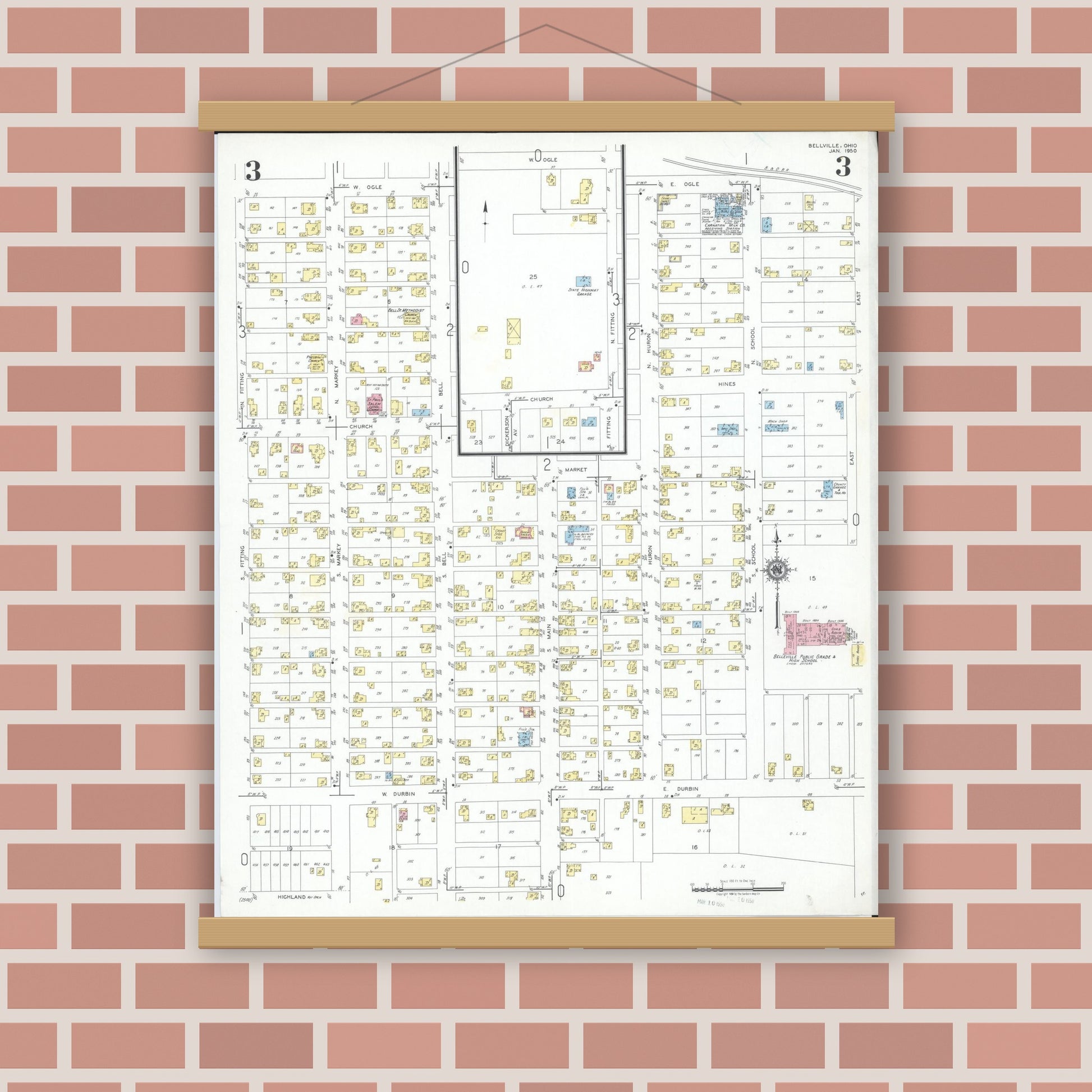 Old map wall art mockup — magnetic wood frame on brick wall — Sanborn Fire Insurance Map from Bellville, Richland County, Ohio (1950), Sheet #0003