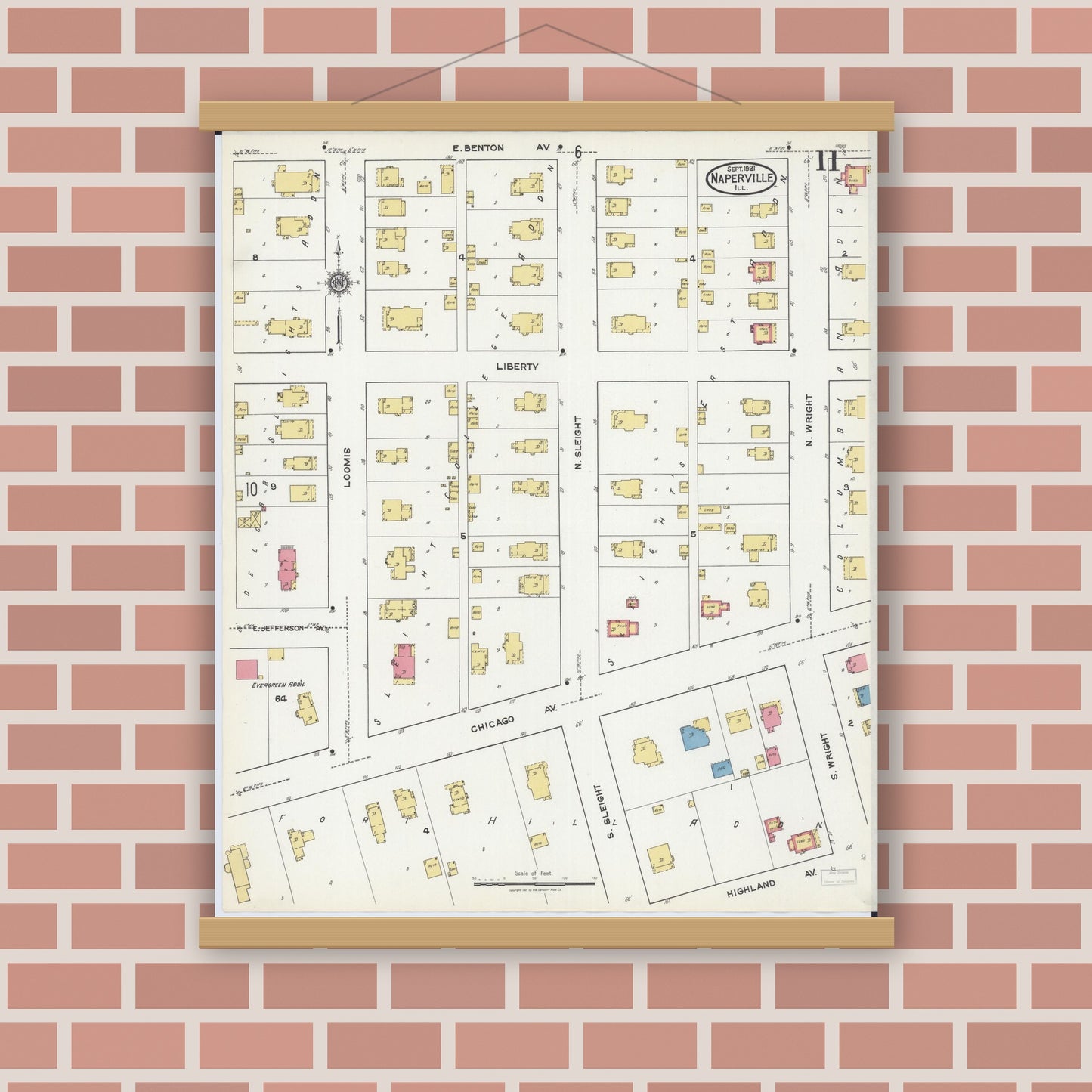 Old map wall art mockup — magnetic wood frame on brick wall — Sanborn Fire Insurance Map from Naperville, Du Page County, Illinois (1921), Sheet #0011