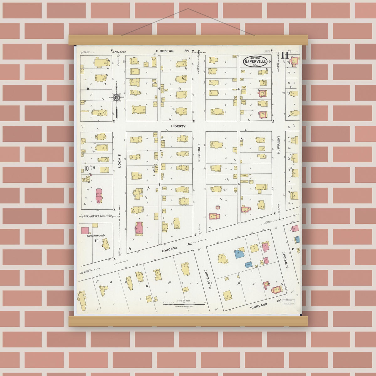 Old map wall art mockup — magnetic wood frame on brick wall — Sanborn Fire Insurance Map from Naperville, Du Page County, Illinois (1921), Sheet #0011