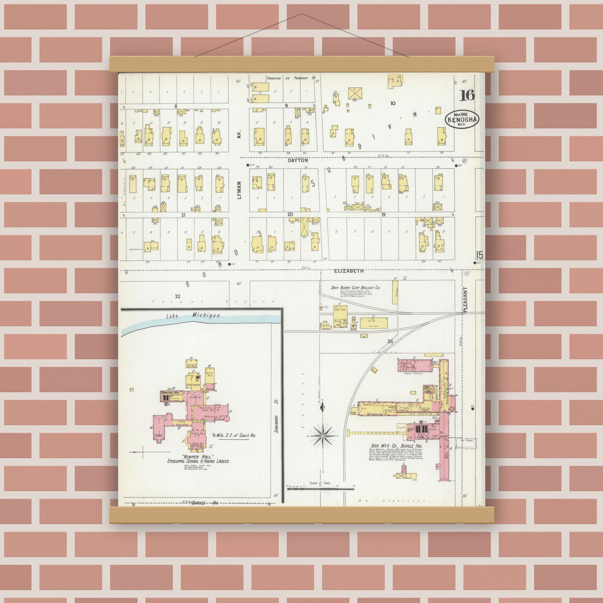 Old map wall art mockup — magnetic wood frame on brick wall — Sanborn Fire Insurance Map from Kenosha, Kenosha County, Wisconsin (1900), Sheet #0016