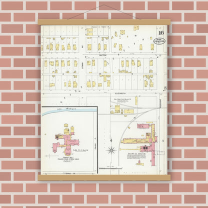 Old map wall art mockup — magnetic wood frame on brick wall — Sanborn Fire Insurance Map from Kenosha, Kenosha County, Wisconsin (1900), Sheet #0016