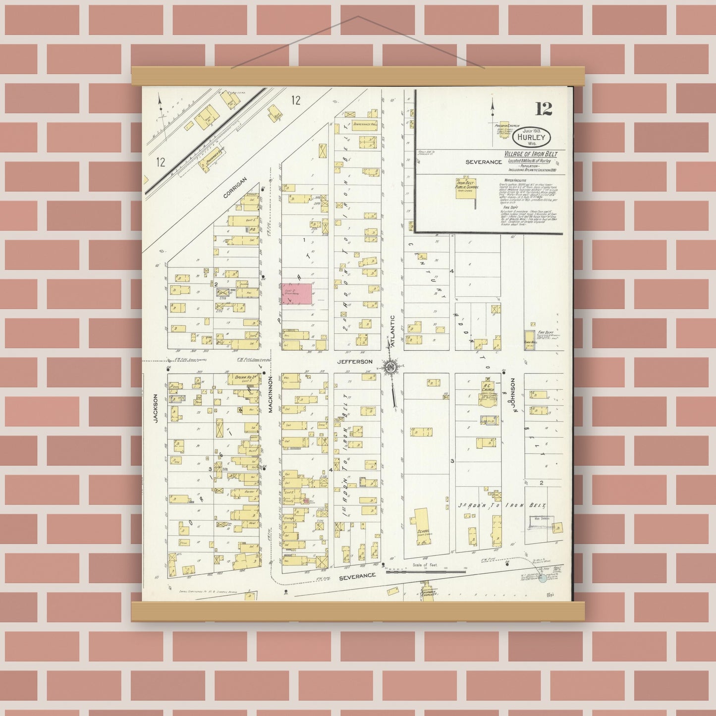 Old map wall art mockup — magnetic wood frame on brick wall — Sanborn Fire Insurance Map from Hurley, Iron County, Wisconsin (1913), Sheet #0012
