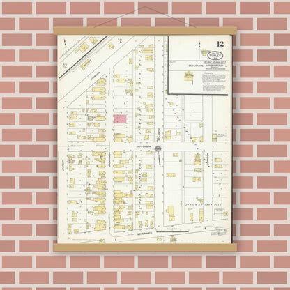 Old map wall art mockup — magnetic wood frame on brick wall — Sanborn Fire Insurance Map from Hurley, Iron County, Wisconsin (1913), Sheet #0012