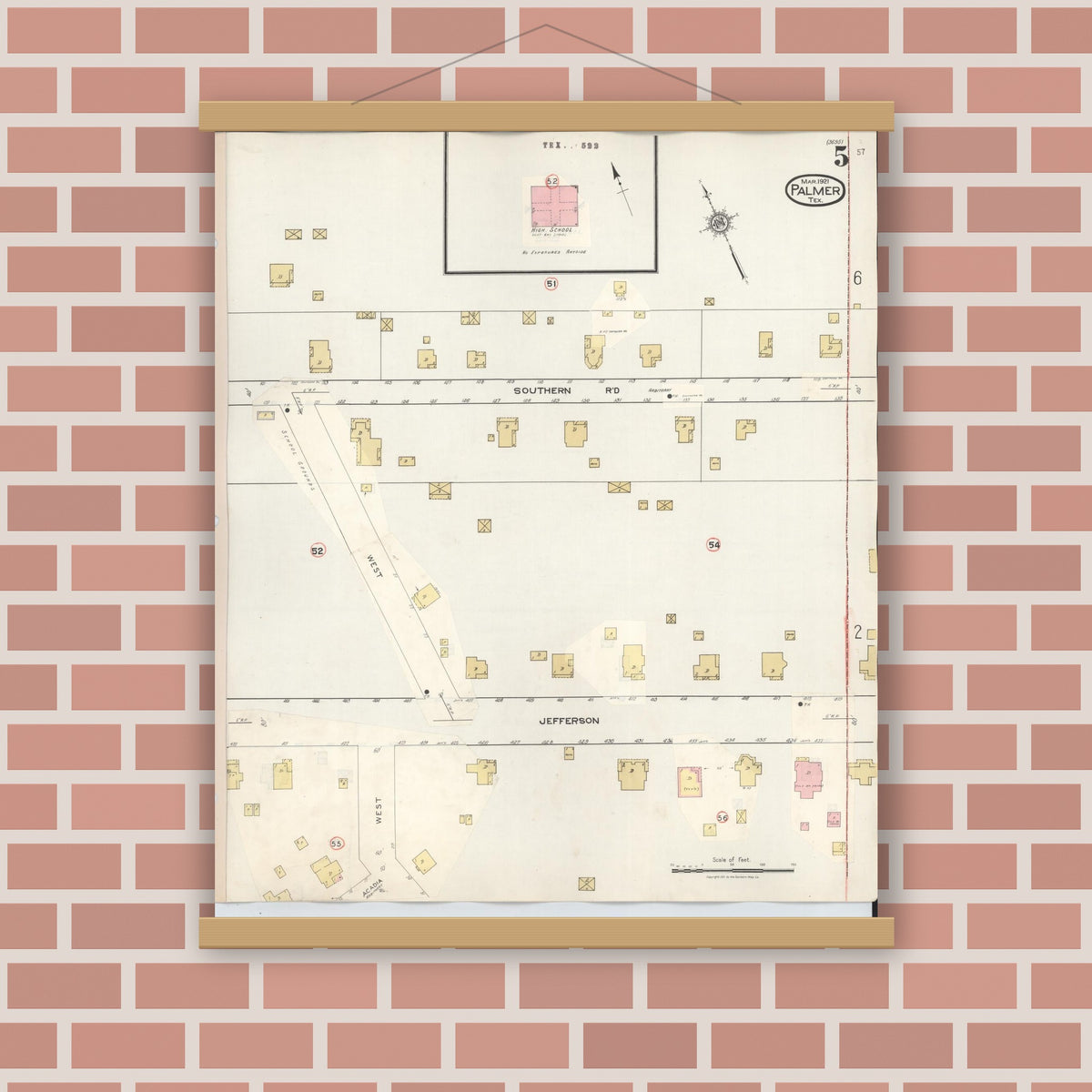 Old map wall art mockup — magnetic wood frame on brick wall — Sanborn Fire Insurance Map from Palmer, Ellis County, Texas (1936), Sheet #0005