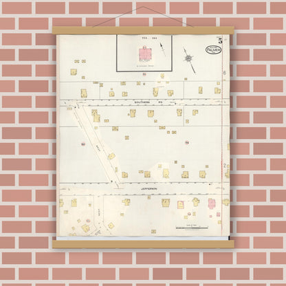 Old map wall art mockup — magnetic wood frame on brick wall — Sanborn Fire Insurance Map from Palmer, Ellis County, Texas (1936), Sheet #0005