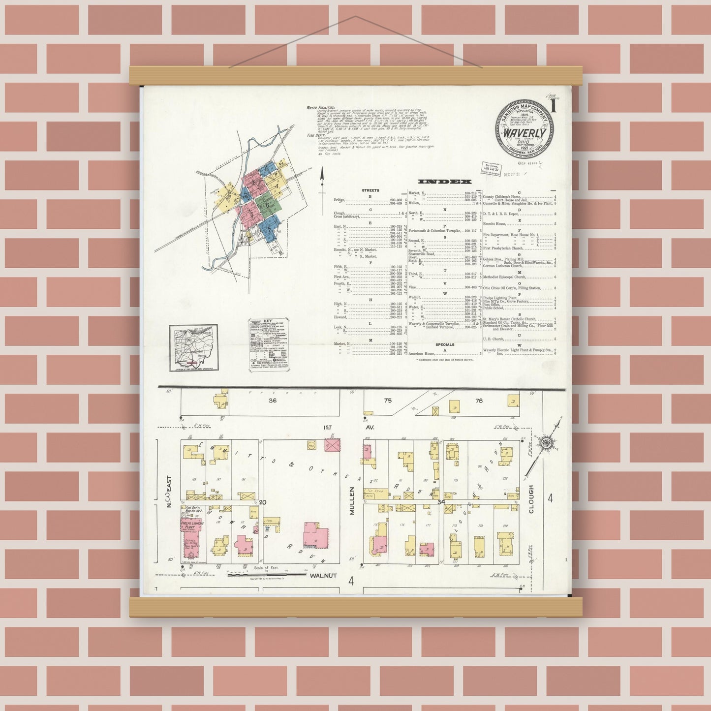 Old map wall art mockup — magnetic wood frame on brick wall — Sanborn Fire Insurance Map from Waverly, Pike County, Ohio (1921), Sheet #0001