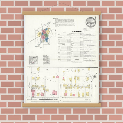Old map wall art mockup — magnetic wood frame on brick wall — Sanborn Fire Insurance Map from Waverly, Pike County, Ohio (1921), Sheet #0001