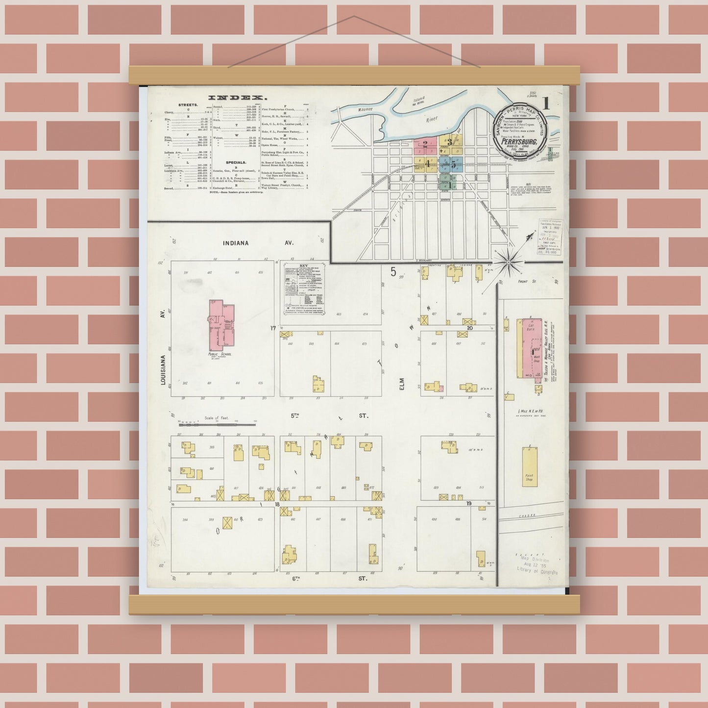 Old map wall art mockup — magnetic wood frame on brick wall — Sanborn Fire Insurance Map from Perrysburg, Wood County, Ohio (1900), Sheet #0001