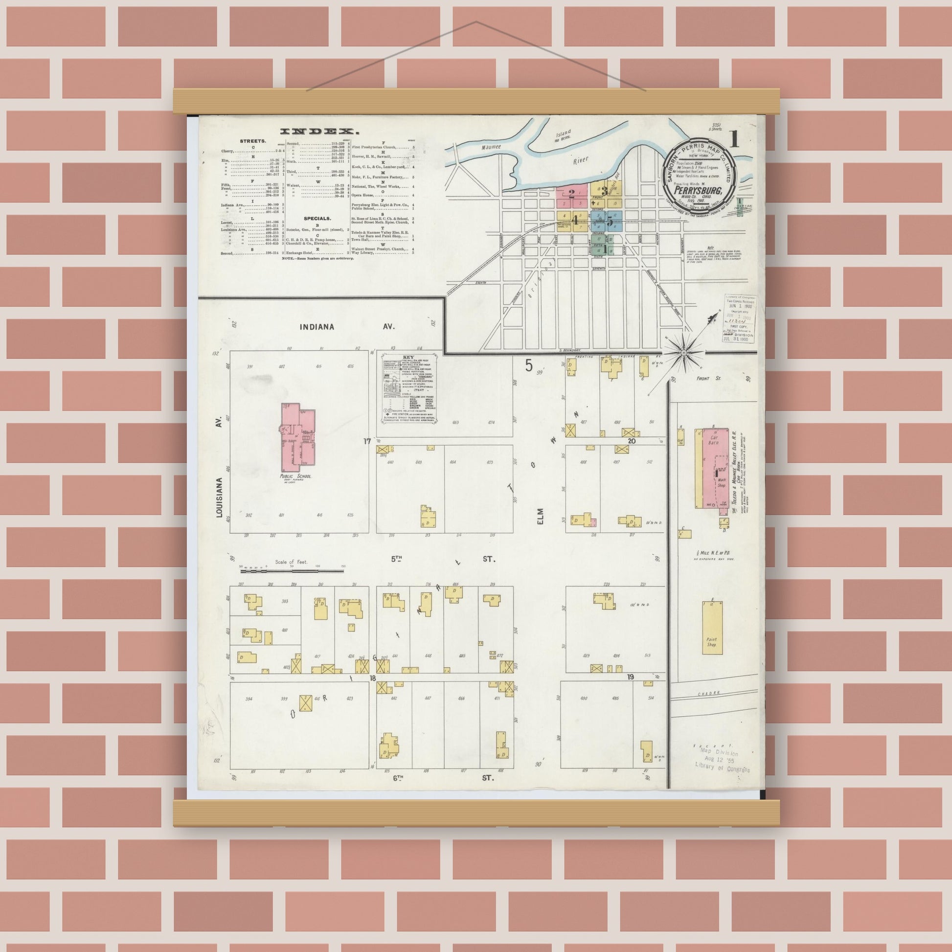 Old map wall art mockup — magnetic wood frame on brick wall — Sanborn Fire Insurance Map from Perrysburg, Wood County, Ohio (1900), Sheet #0001