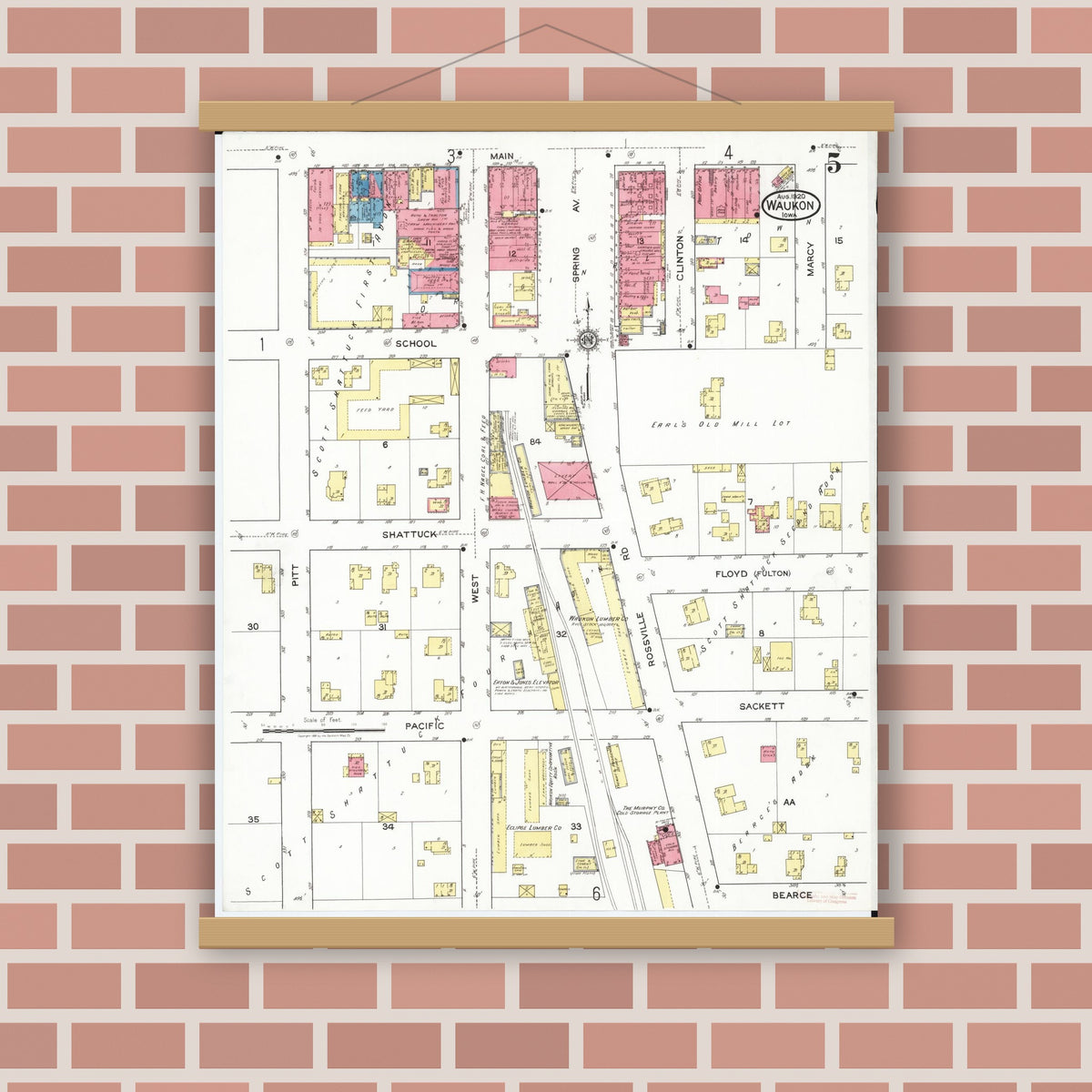 Old map wall art mockup — magnetic wood frame on brick wall — Sanborn Fire Insurance Map from Waukon, Allamakee County, Iowa (1920), Sheet #0005
