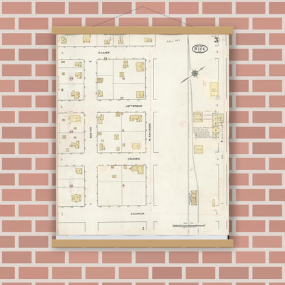Old map wall art mockup — magnetic wood frame on brick wall — Sanborn Fire Insurance Map from Rice, Navarro County, Texas (1935), Sheet #0003