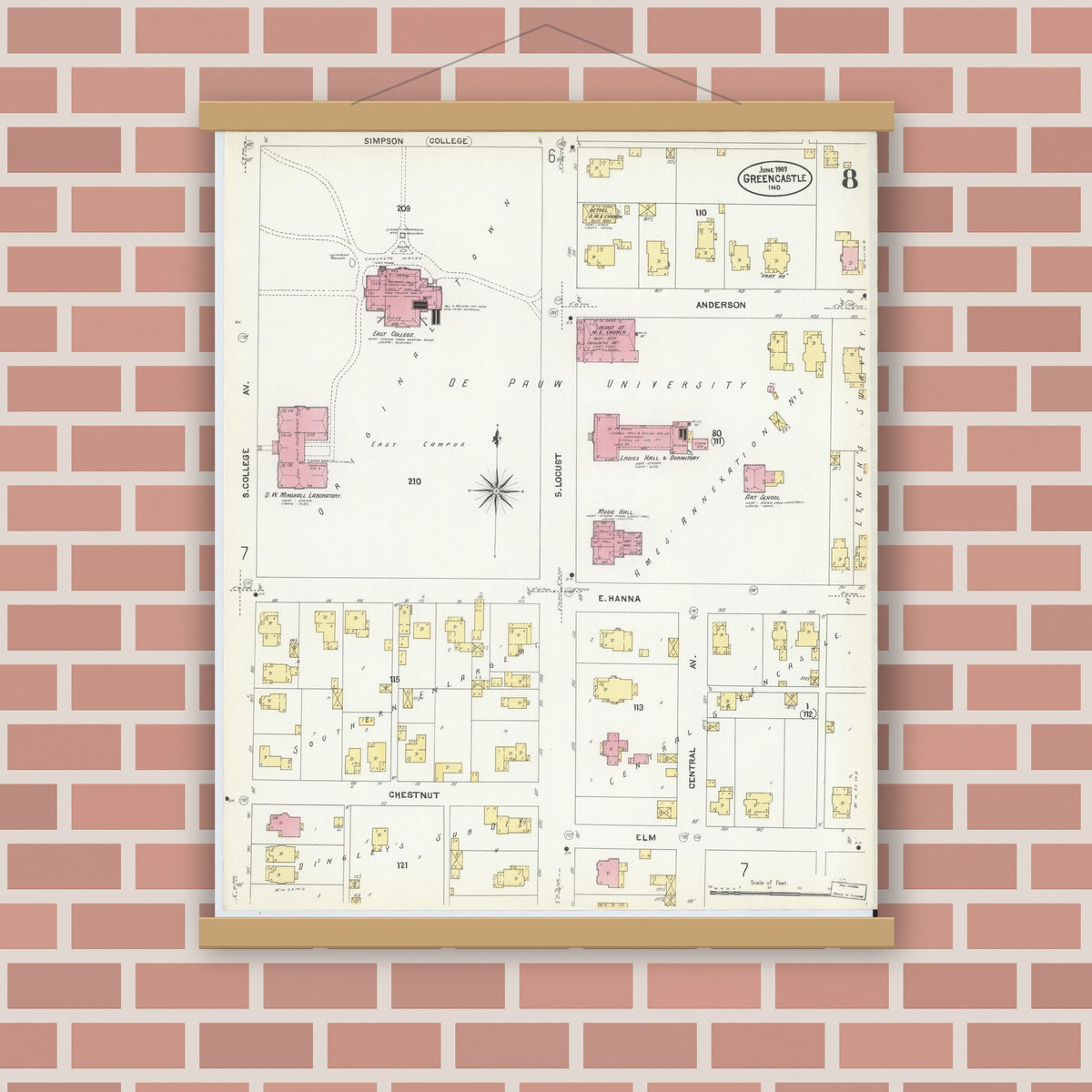 Old map wall art mockup — magnetic wood frame on brick wall — Sanborn Fire Insurance Map from Greencastle, Putnam County, Indiana (1907), Sheet #0008