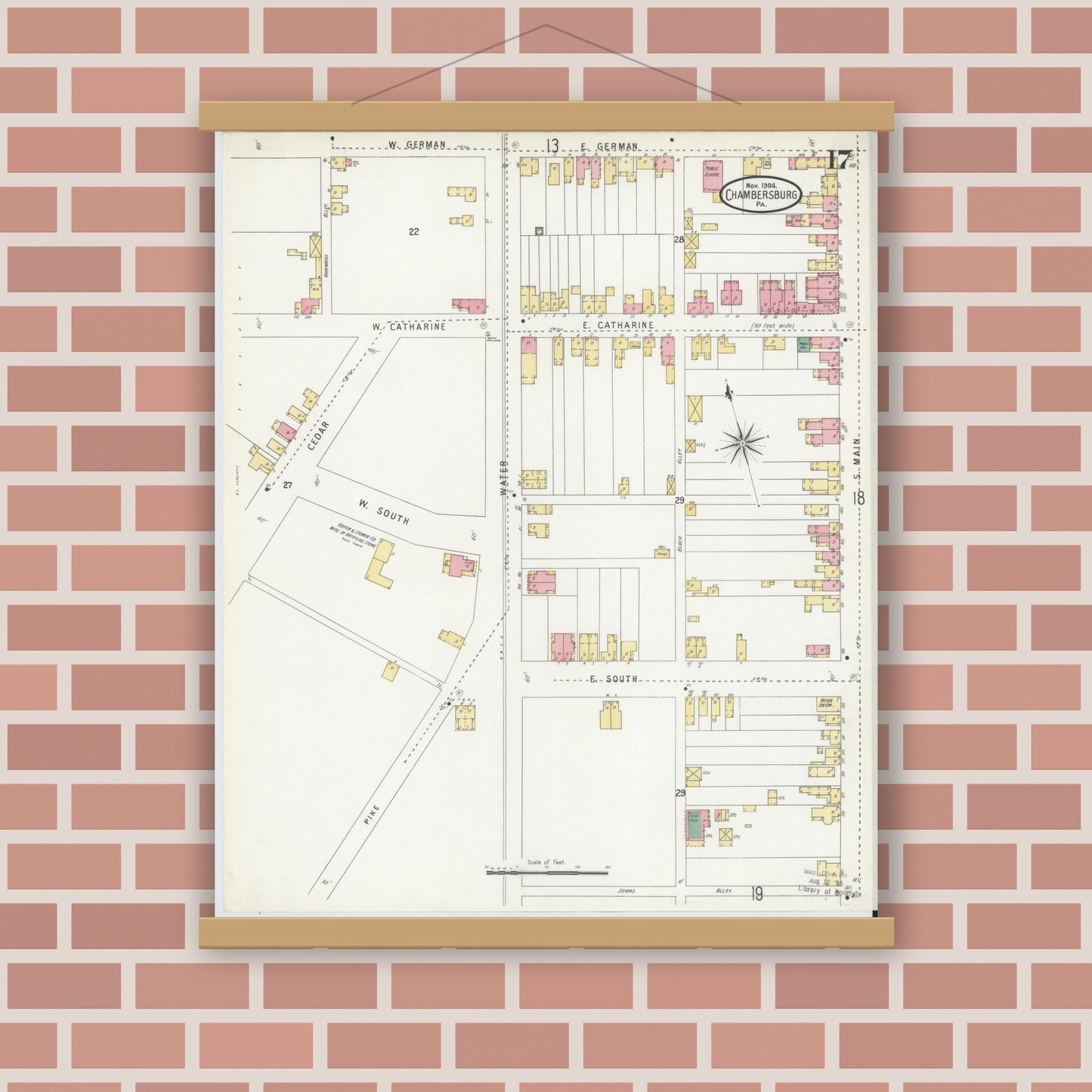 Old map wall art mockup — magnetic wood frame on brick wall — Sanborn Fire Insurance Map from Chambersburg, Franklin County, Pennsylvania (1904), Sheet #0017