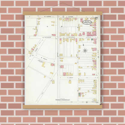 Old map wall art mockup — magnetic wood frame on brick wall — Sanborn Fire Insurance Map from Chambersburg, Franklin County, Pennsylvania (1904), Sheet #0017