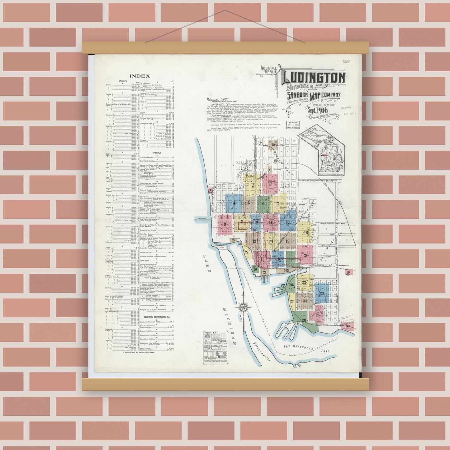Old map wall art mockup — magnetic wood frame on brick wall — Sanborn Fire Insurance Map from Ludington, Mason County, Michigan (1916) - Complete Map Set