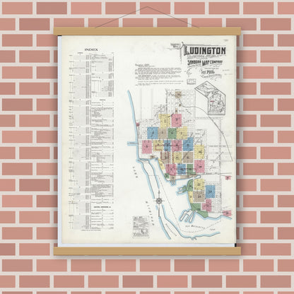 Old map wall art mockup — magnetic wood frame on brick wall — Sanborn Fire Insurance Map from Ludington, Mason County, Michigan (1916) - Complete Map Set
