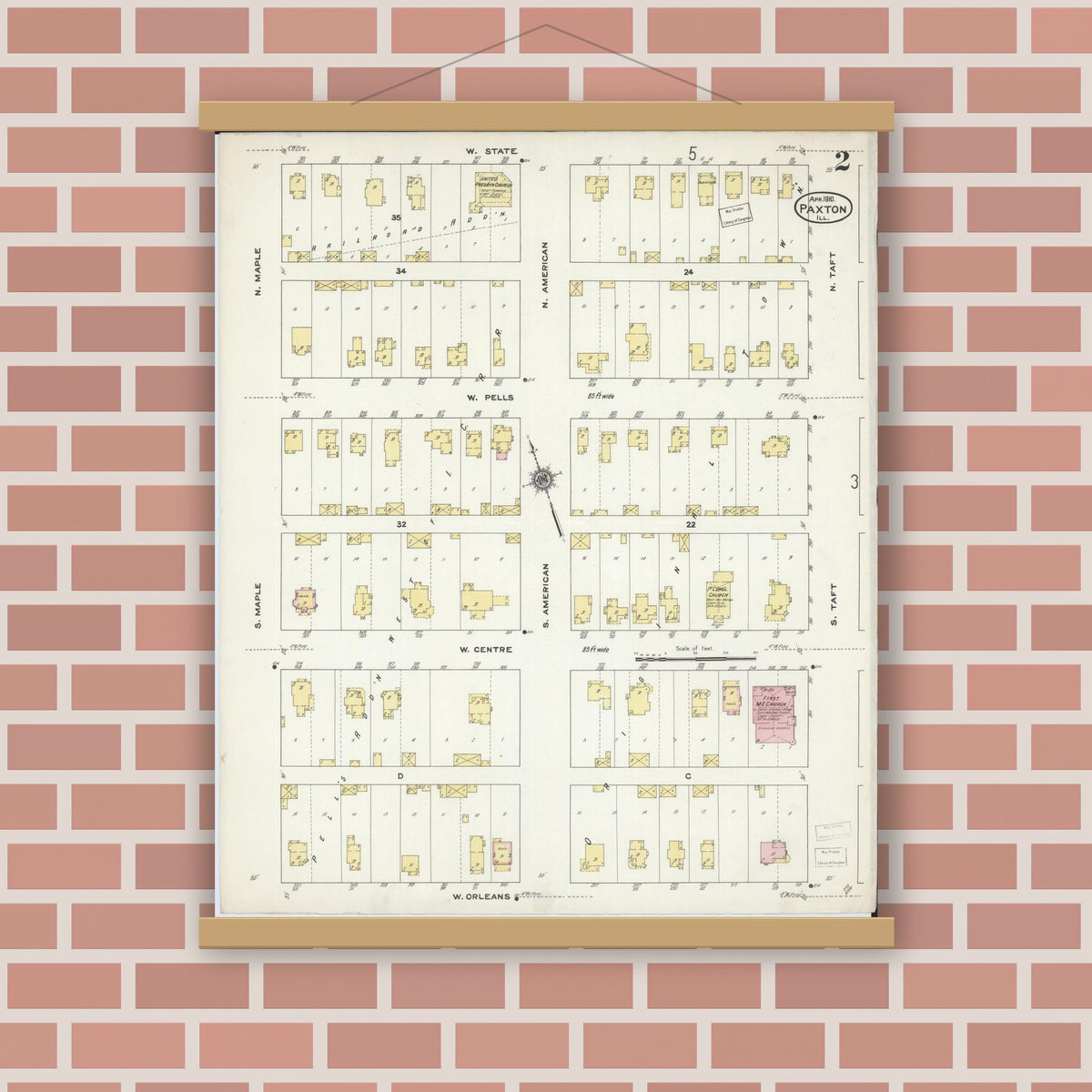 Old map wall art mockup — magnetic wood frame on brick wall — Sanborn Fire Insurance Map from Paxton, Ford County, Illinois (1910), Sheet #0002