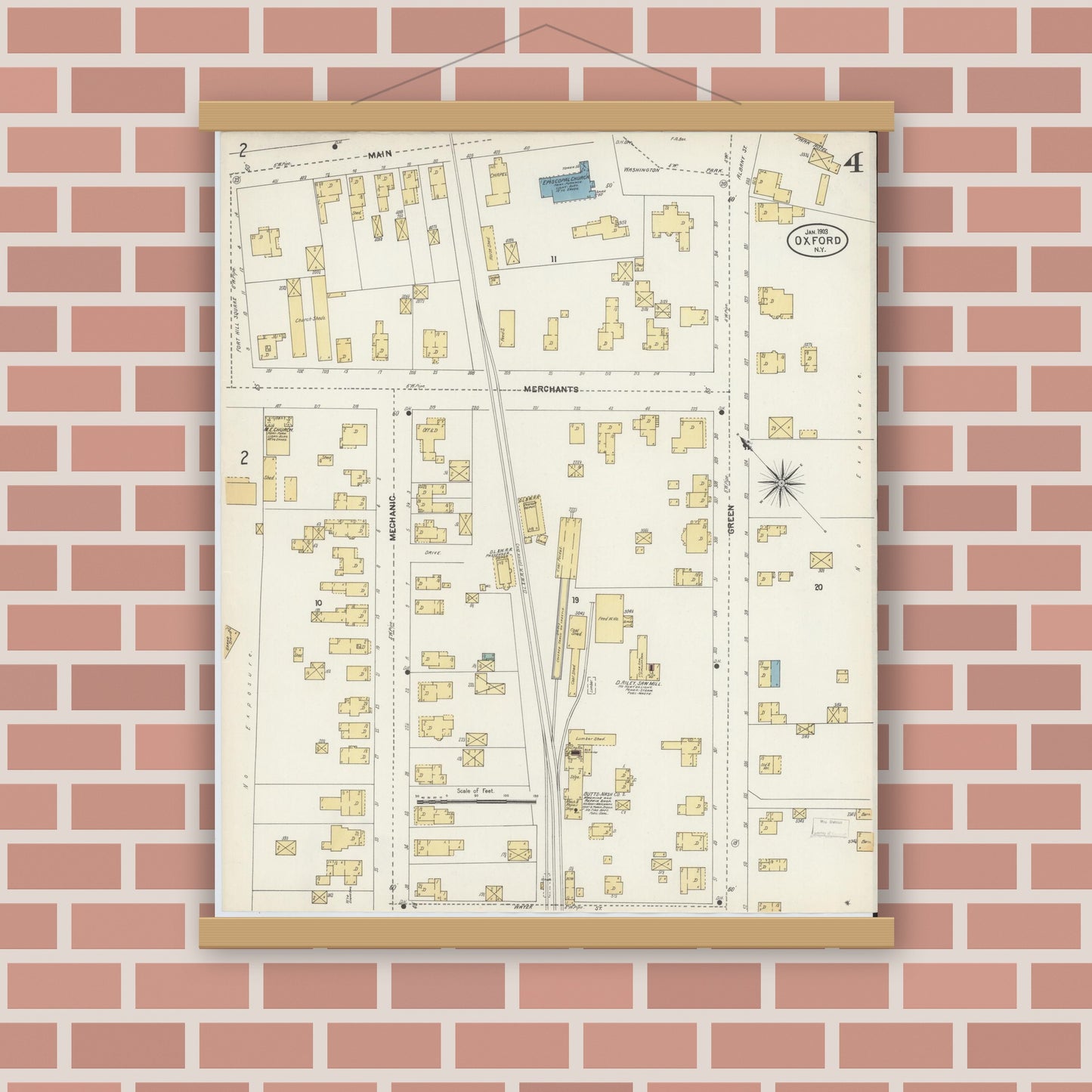 Old map wall art mockup — magnetic wood frame on brick wall — Sanborn Fire Insurance Map from Oxford, Chenango County, New York (1903), Sheet #0004