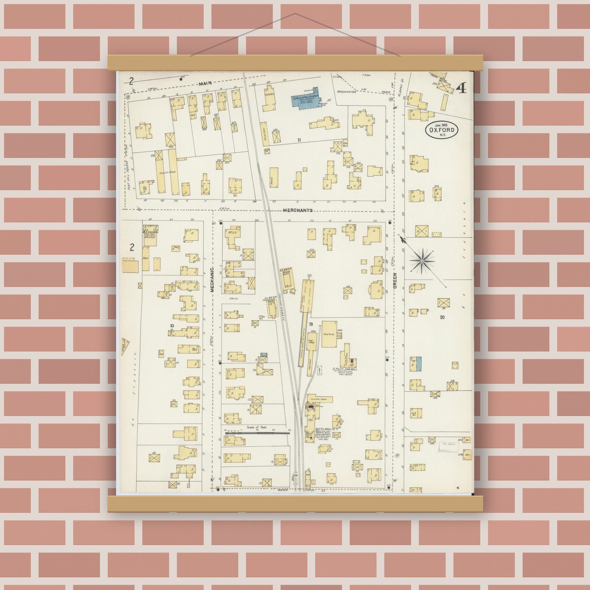 Old map wall art mockup — magnetic wood frame on brick wall — Sanborn Fire Insurance Map from Oxford, Chenango County, New York (1903), Sheet #0004