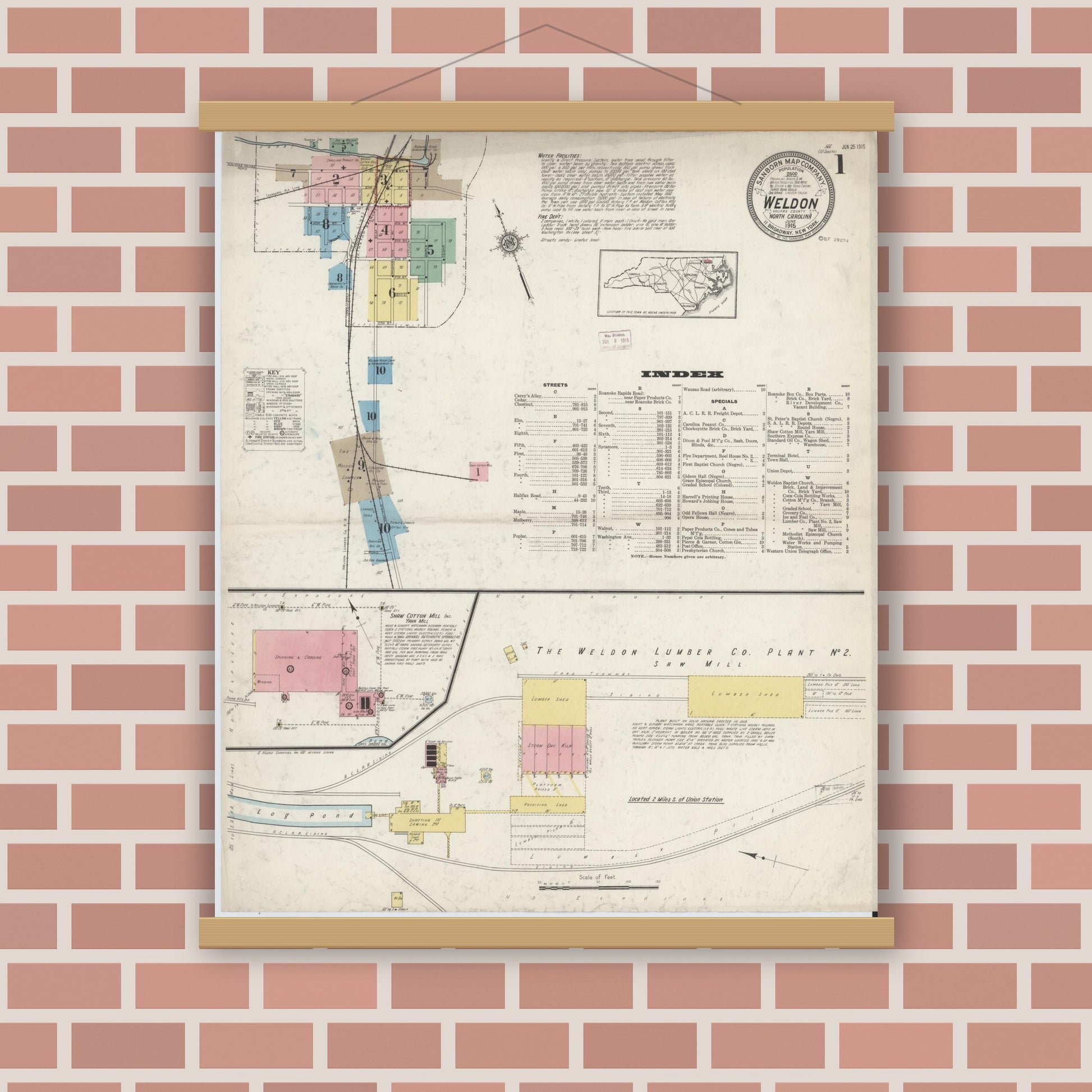 Old map wall art mockup — magnetic wood frame on brick wall — Sanborn Fire Insurance Map from Weldon, Halifax County, North Carolina (1915) - Complete Map Set