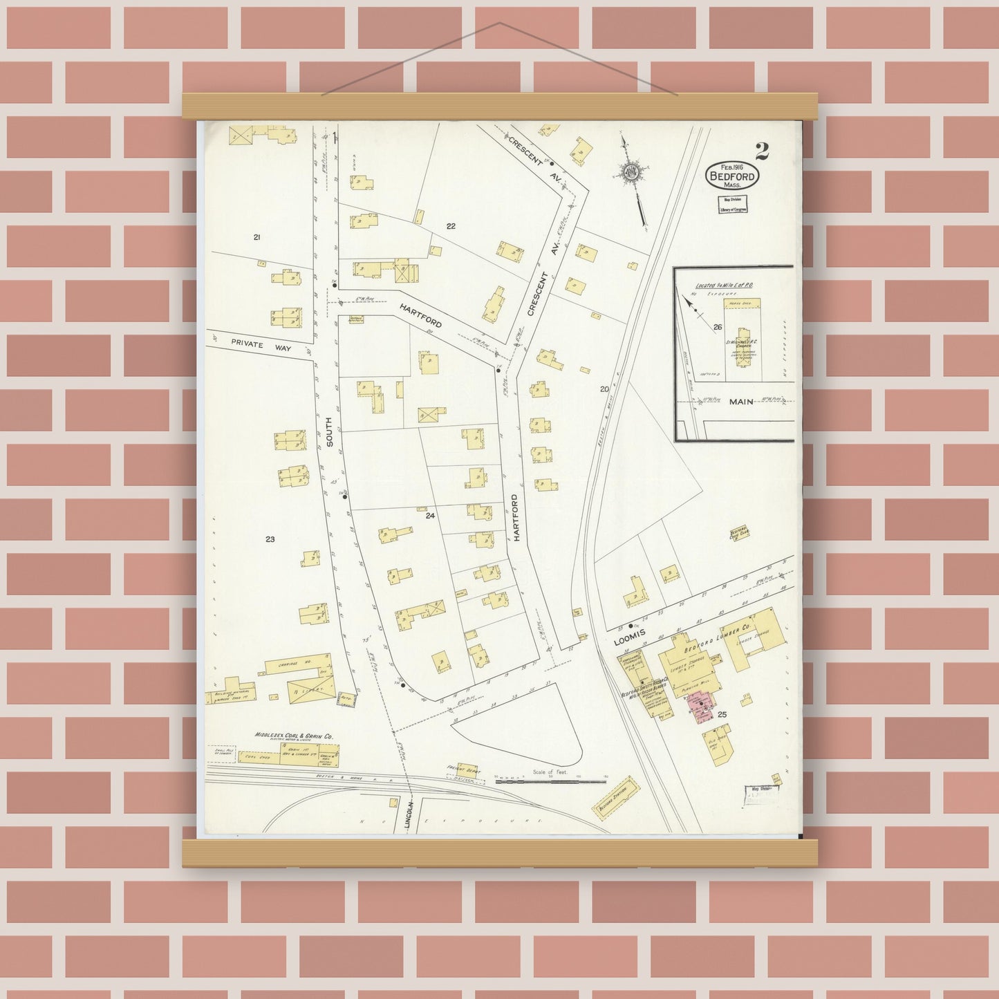 Old map wall art mockup — magnetic wood frame on brick wall — Sanborn Fire Insurance Map from Bedford, Middlesex County, Massachusetts (1916), Sheet #0002