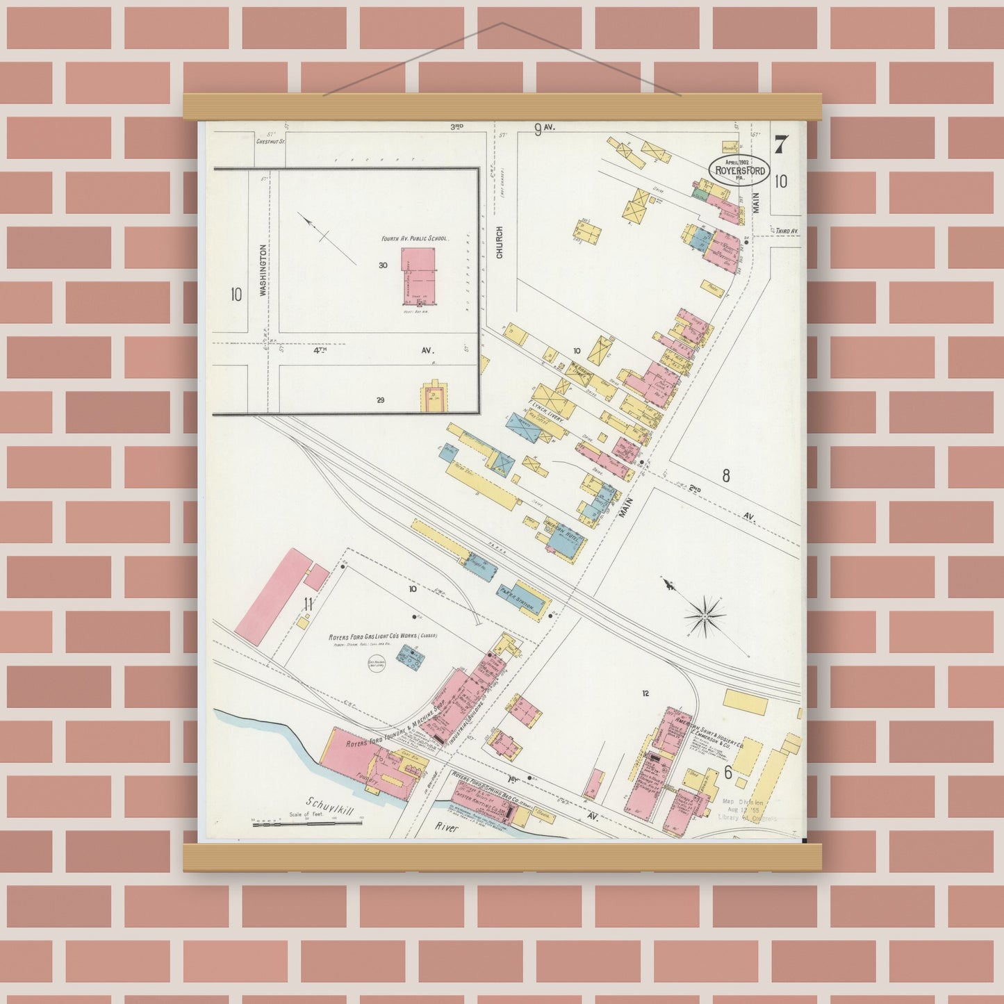 Old map wall art mockup — magnetic wood frame on brick wall — Sanborn Fire Insurance Map from Royersford, Montgomery County, Pennsylvania (1902), Sheet #0007