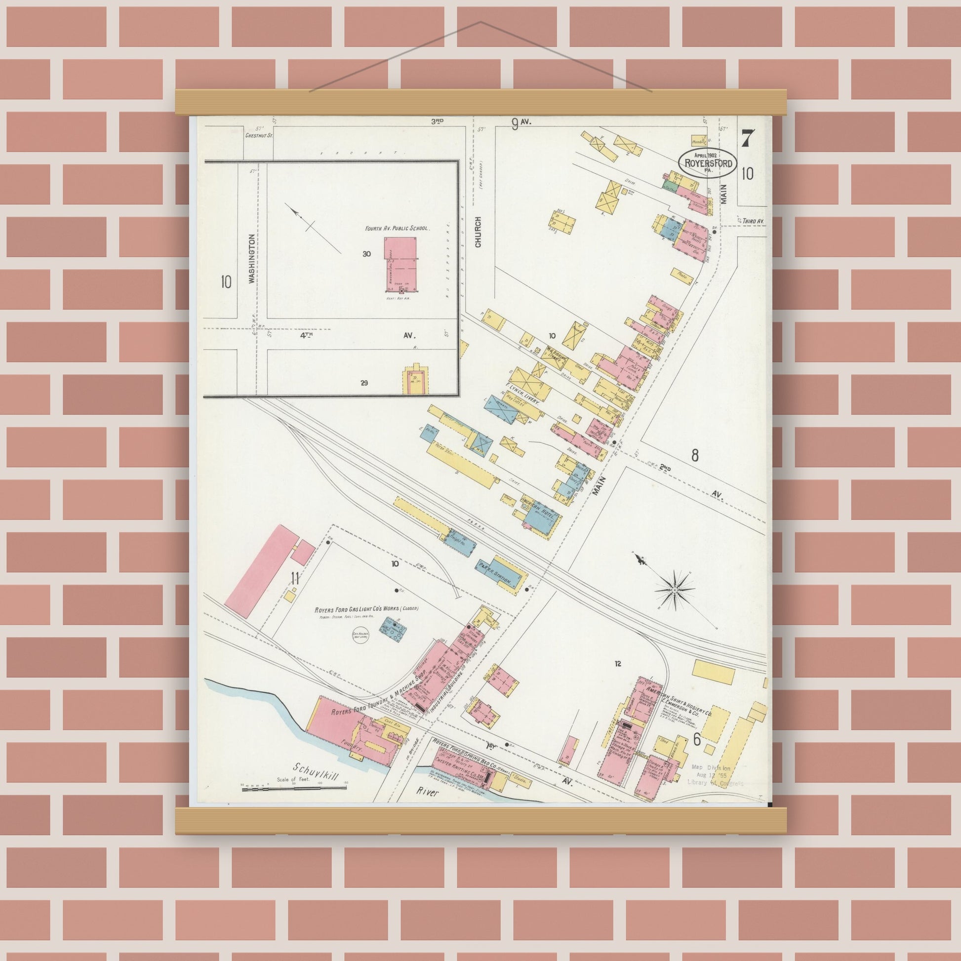 Old map wall art mockup — magnetic wood frame on brick wall — Sanborn Fire Insurance Map from Royersford, Montgomery County, Pennsylvania (1902), Sheet #0007