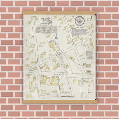 Old map wall art mockup — magnetic wood frame on brick wall — Sanborn Fire Insurance Map from Acton, Middlesex County, Massachusetts (1916), Sheet #0001