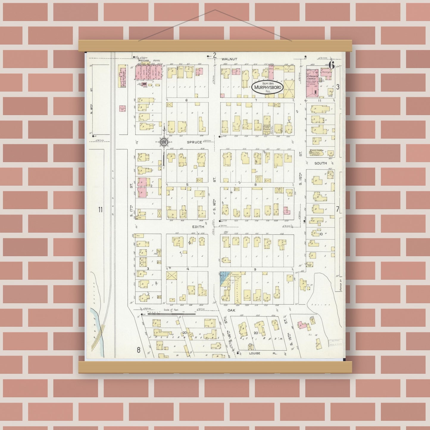 Old map wall art mockup — magnetic wood frame on brick wall — Sanborn Fire Insurance Map from Murphysboro, Jackson County, Illinois (1914), Sheet #0006