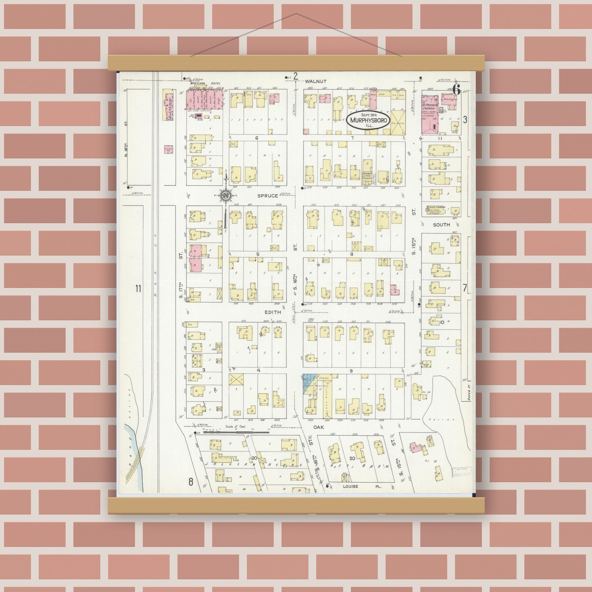 Old map wall art mockup — magnetic wood frame on brick wall — Sanborn Fire Insurance Map from Murphysboro, Jackson County, Illinois (1914), Sheet #0006