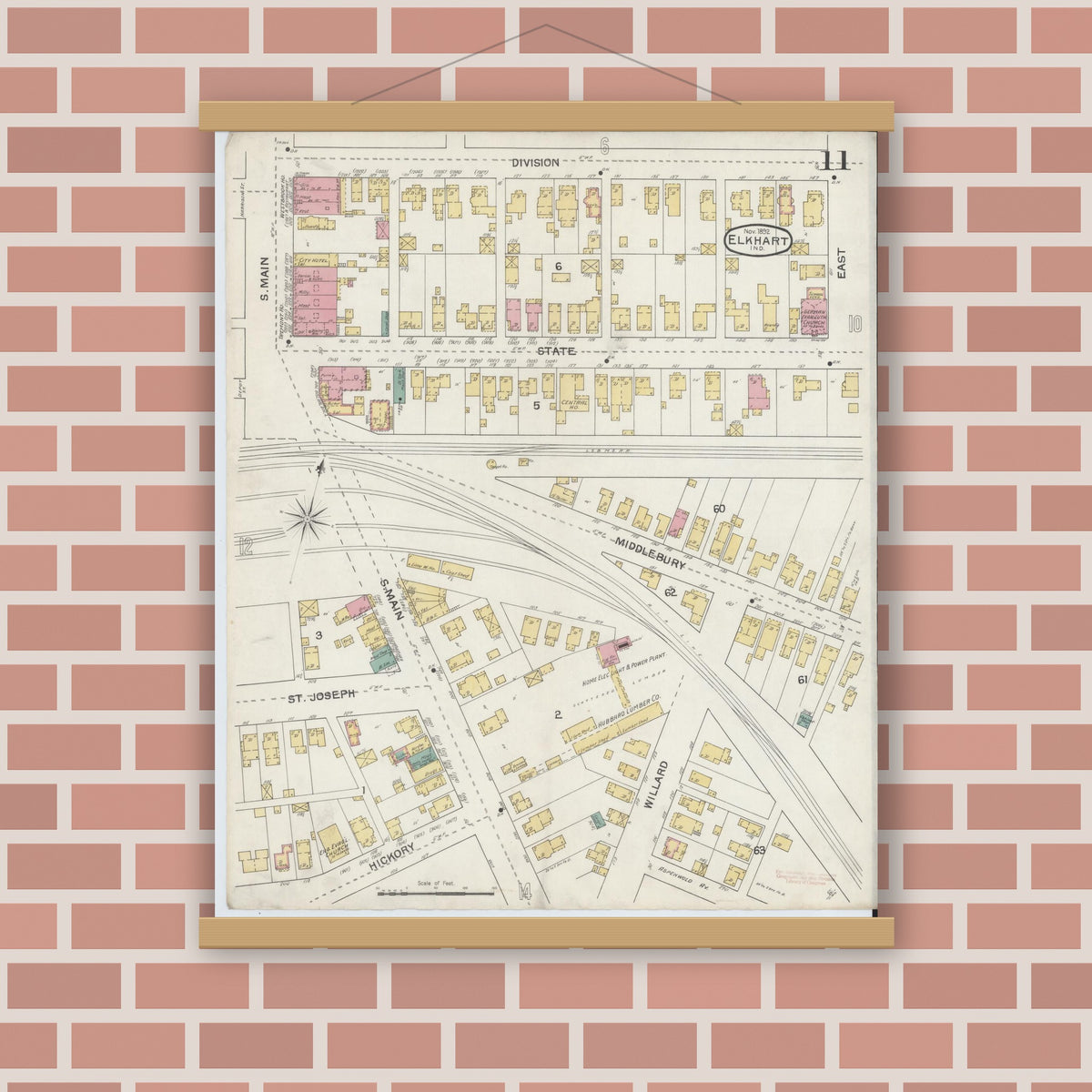 Old map wall art mockup — magnetic wood frame on brick wall — Sanborn Fire Insurance Map from Elkhart, Elkhart County, Indiana (1892), Sheet #0011