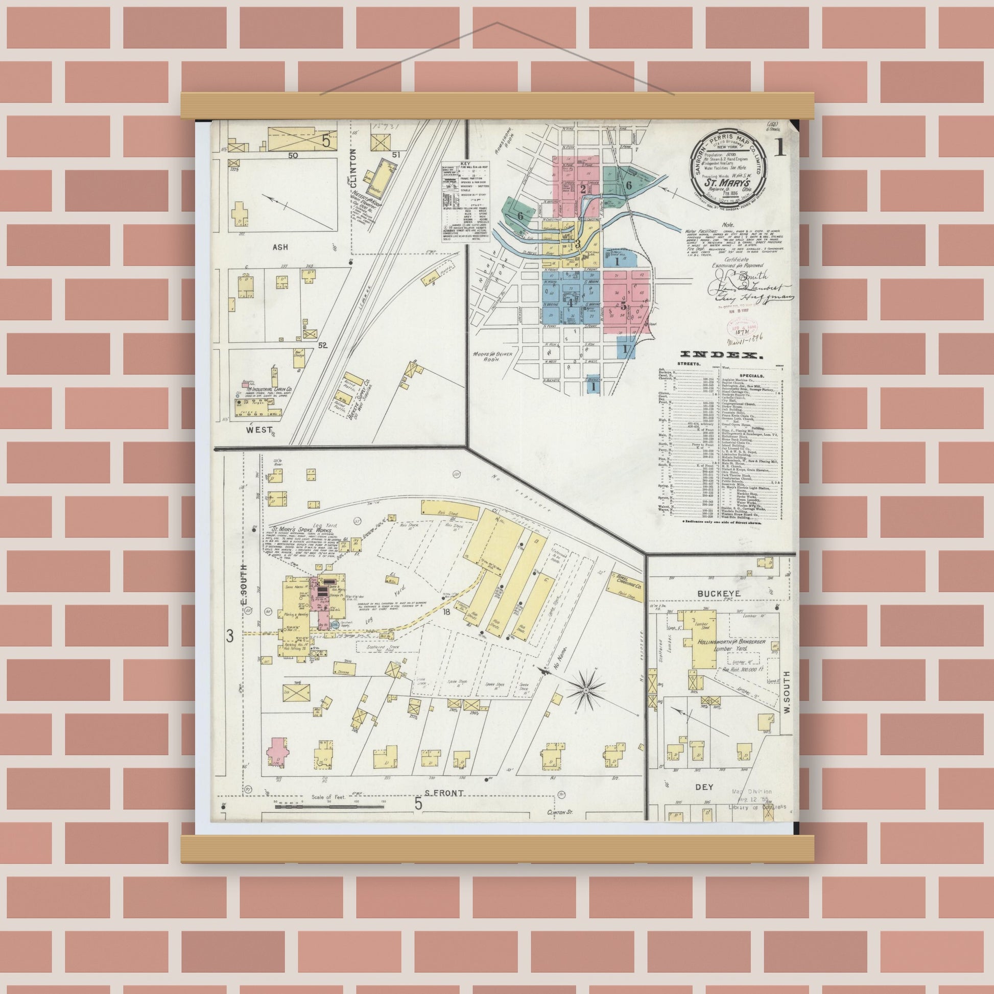 Old map wall art mockup — magnetic wood frame on brick wall — Sanborn Fire Insurance Map from Saint Marys, Auglaize County, Ohio (1896), Sheet #0001