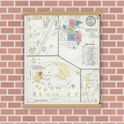 Old map wall art mockup — magnetic wood frame on brick wall — Sanborn Fire Insurance Map from Saint Marys, Auglaize County, Ohio (1896), Sheet #0001