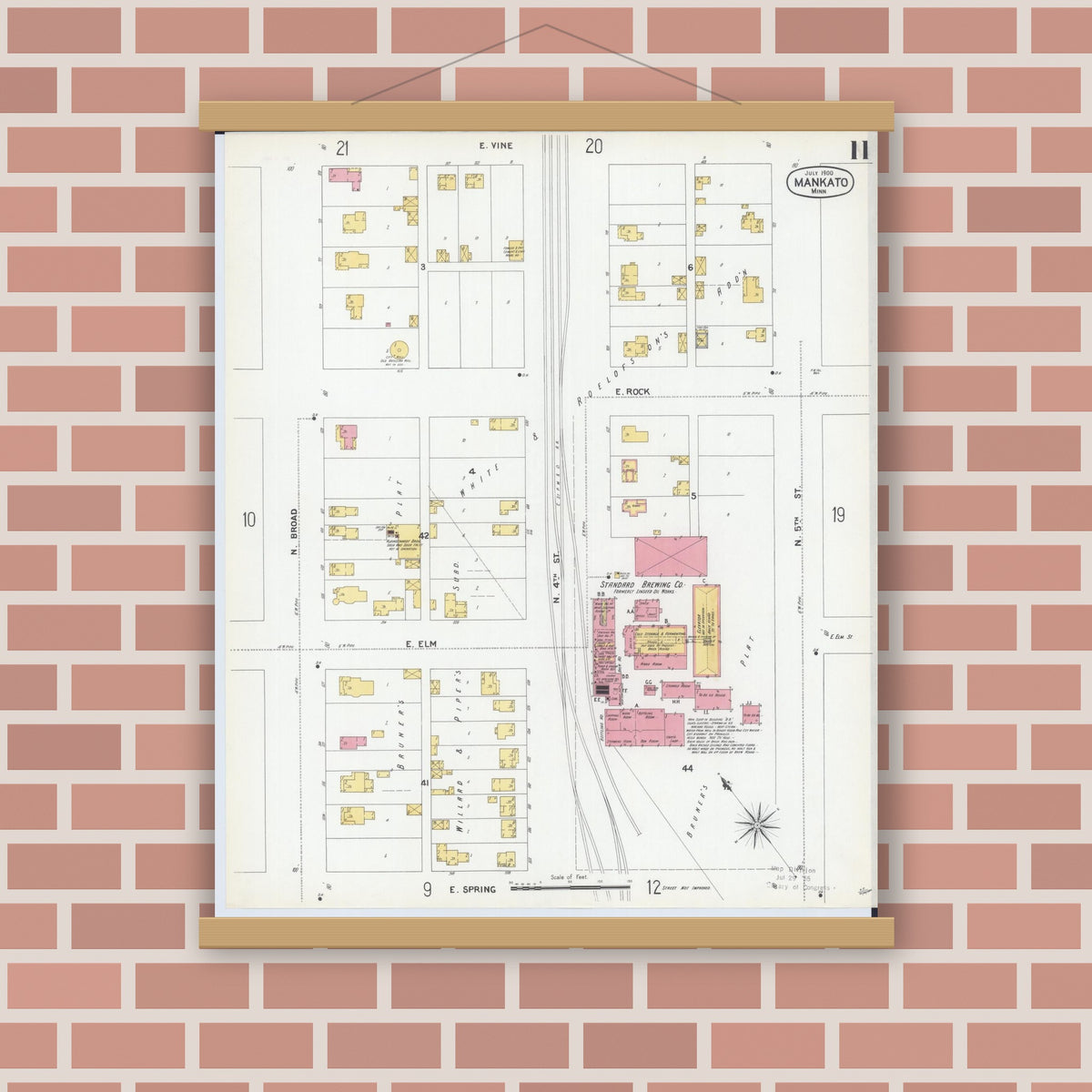 Old map wall art mockup — magnetic wood frame on brick wall — Sanborn Fire Insurance Map from Mankato, Blue Earth County, Minnesota (1900), Sheet #0011