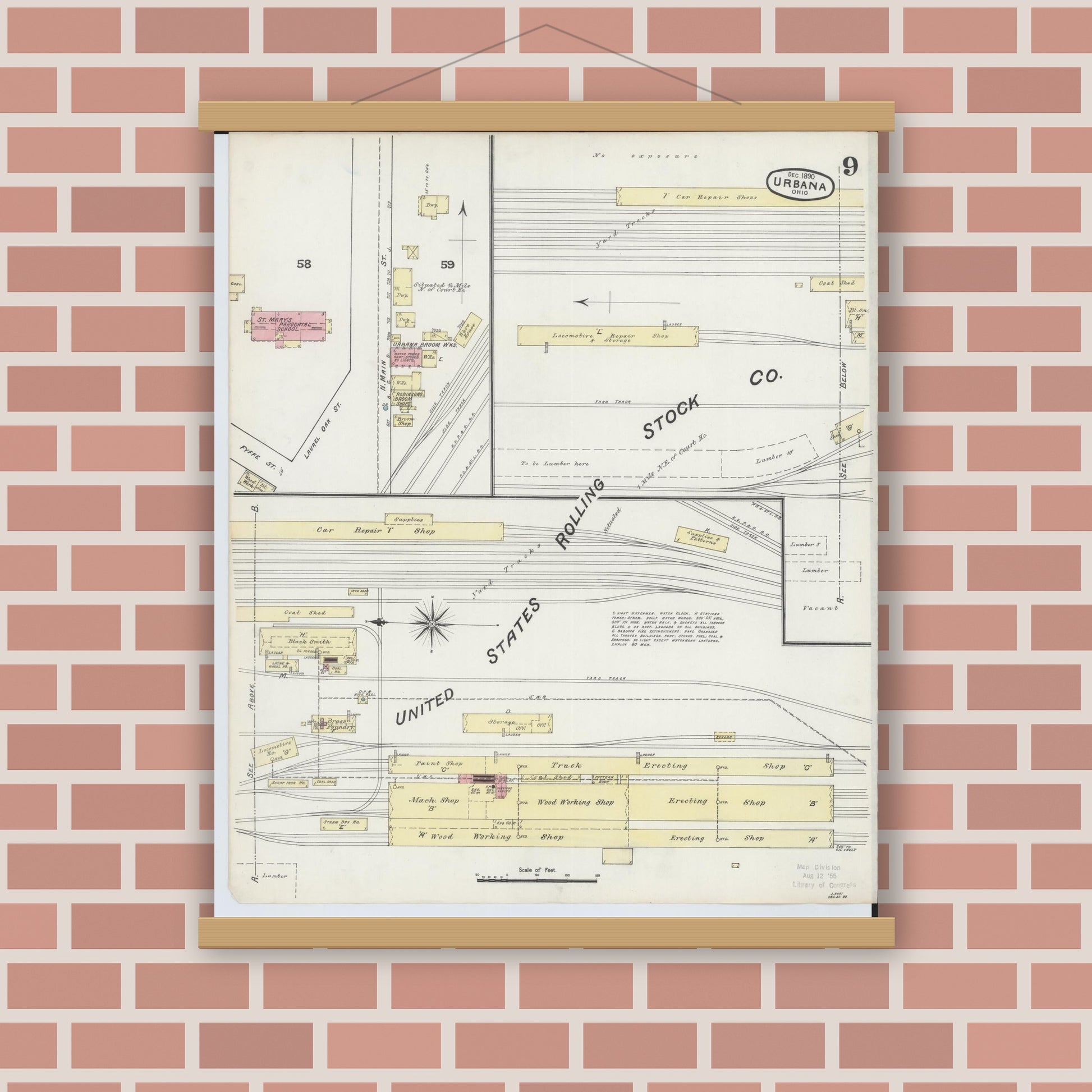 Old map wall art mockup — magnetic wood frame on brick wall — Sanborn Fire Insurance Map from Urbana, Champaign County, Ohio (1890), Sheet #0009