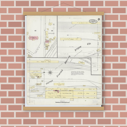 Old map wall art mockup — magnetic wood frame on brick wall — Sanborn Fire Insurance Map from Urbana, Champaign County, Ohio (1890), Sheet #0009