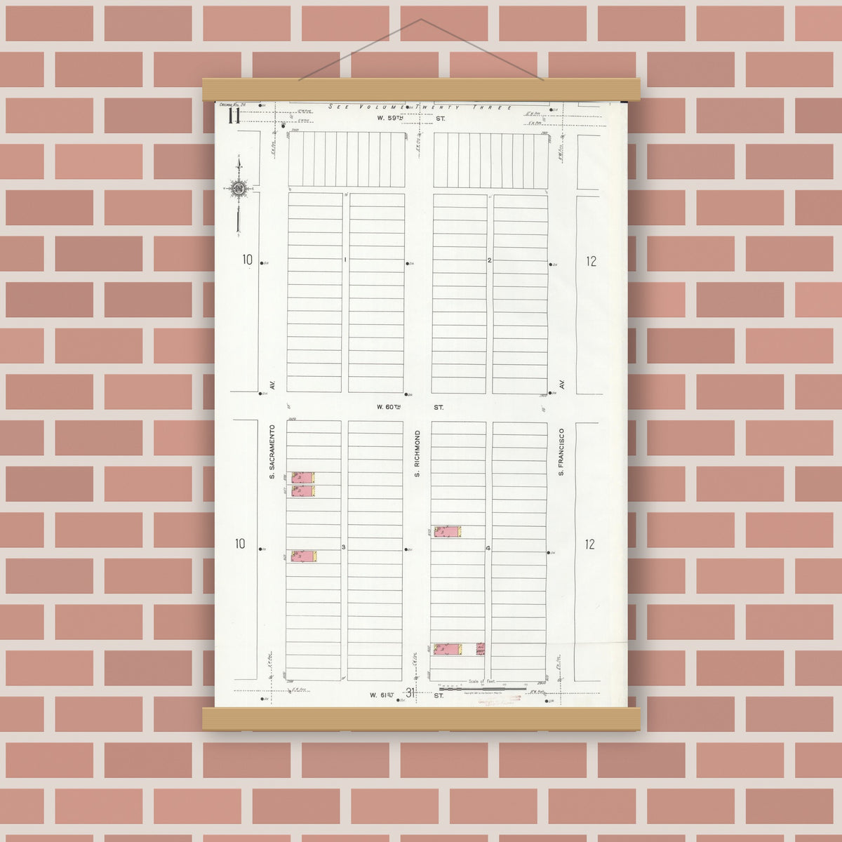 Old map wall art mockup — magnetic wood frame on brick wall — Sanborn Fire Insurance Map from Chicago, Cook County, Illinois (1920), Sheet #0011