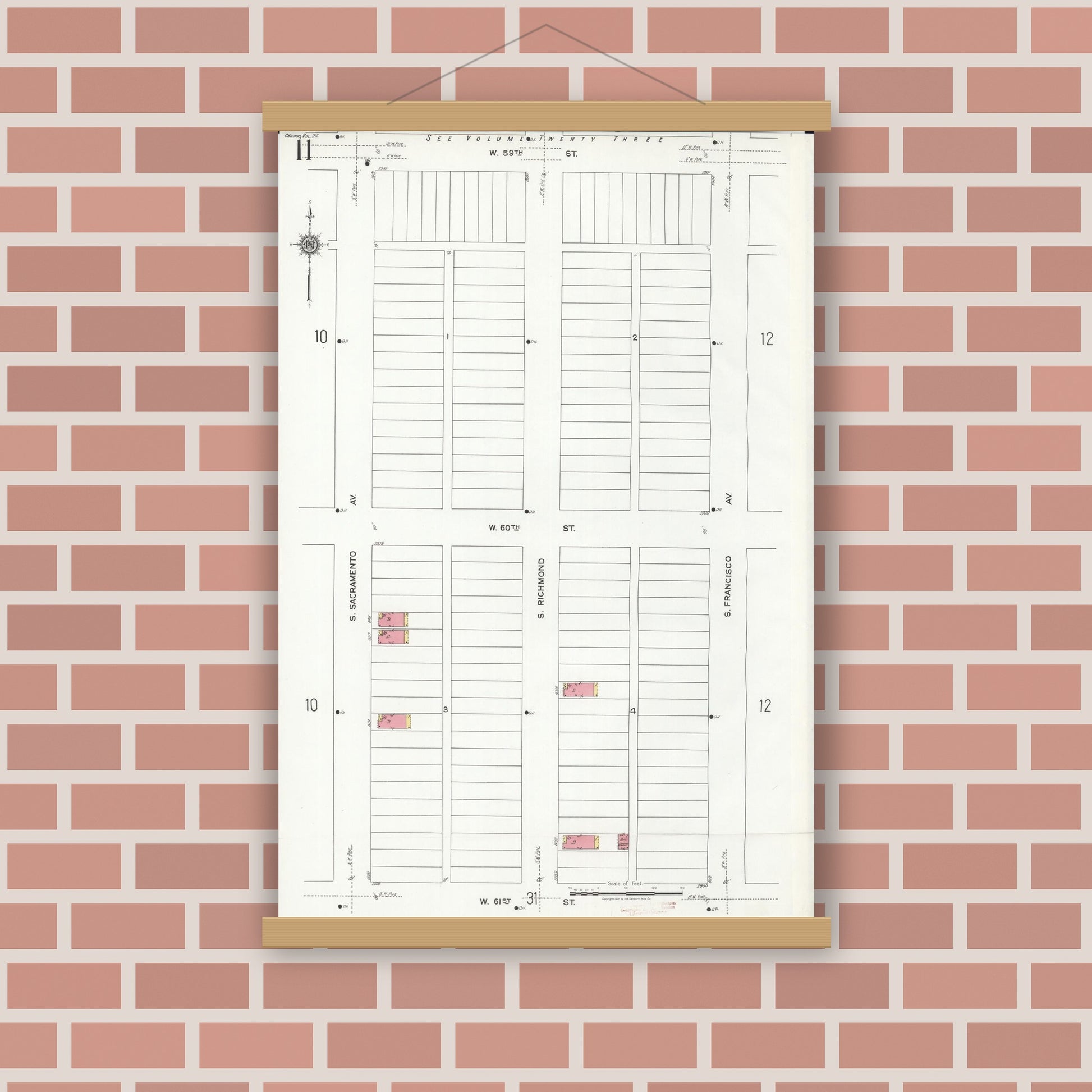 Old map wall art mockup — magnetic wood frame on brick wall — Sanborn Fire Insurance Map from Chicago, Cook County, Illinois (1920), Sheet #0011