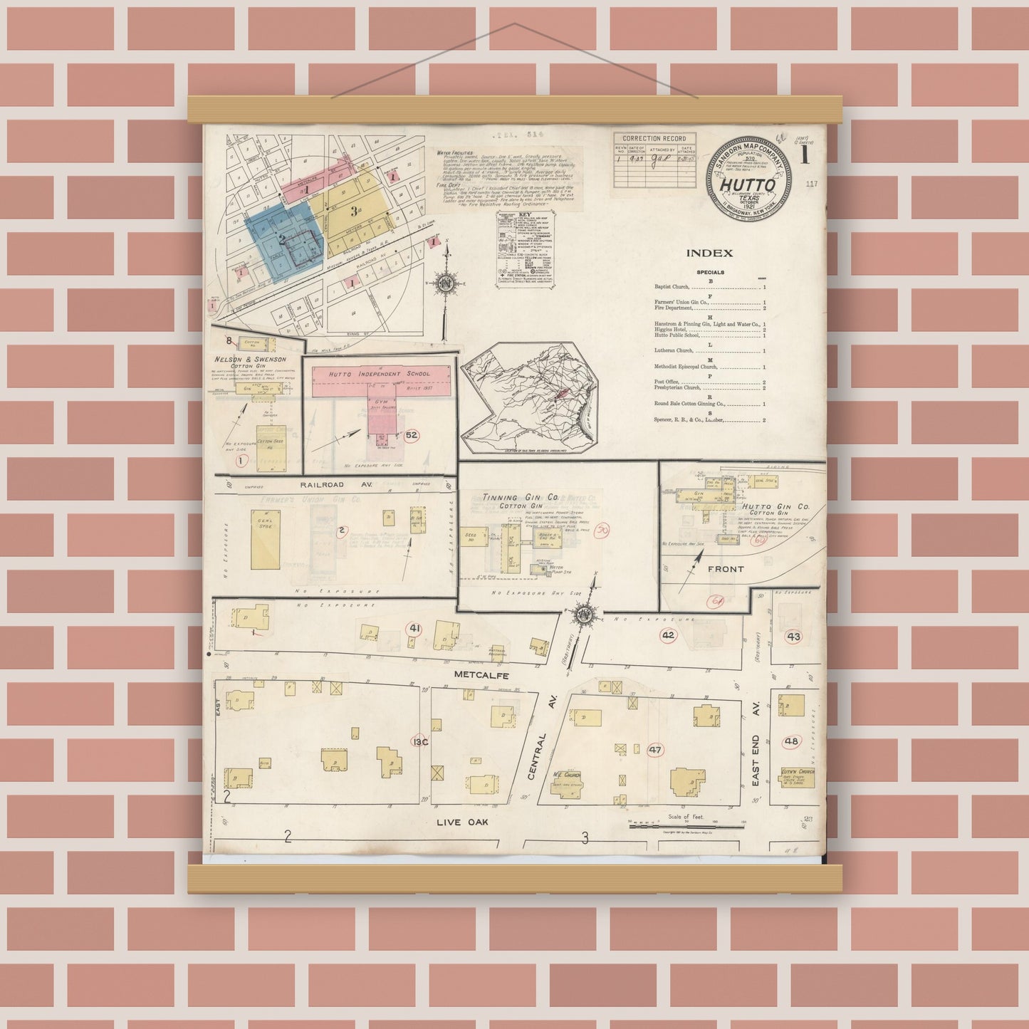 Old map wall art mockup — magnetic wood frame on brick wall — Sanborn Fire Insurance Map from Hutto, Williamson County, Texas (1937), Sheet #0001