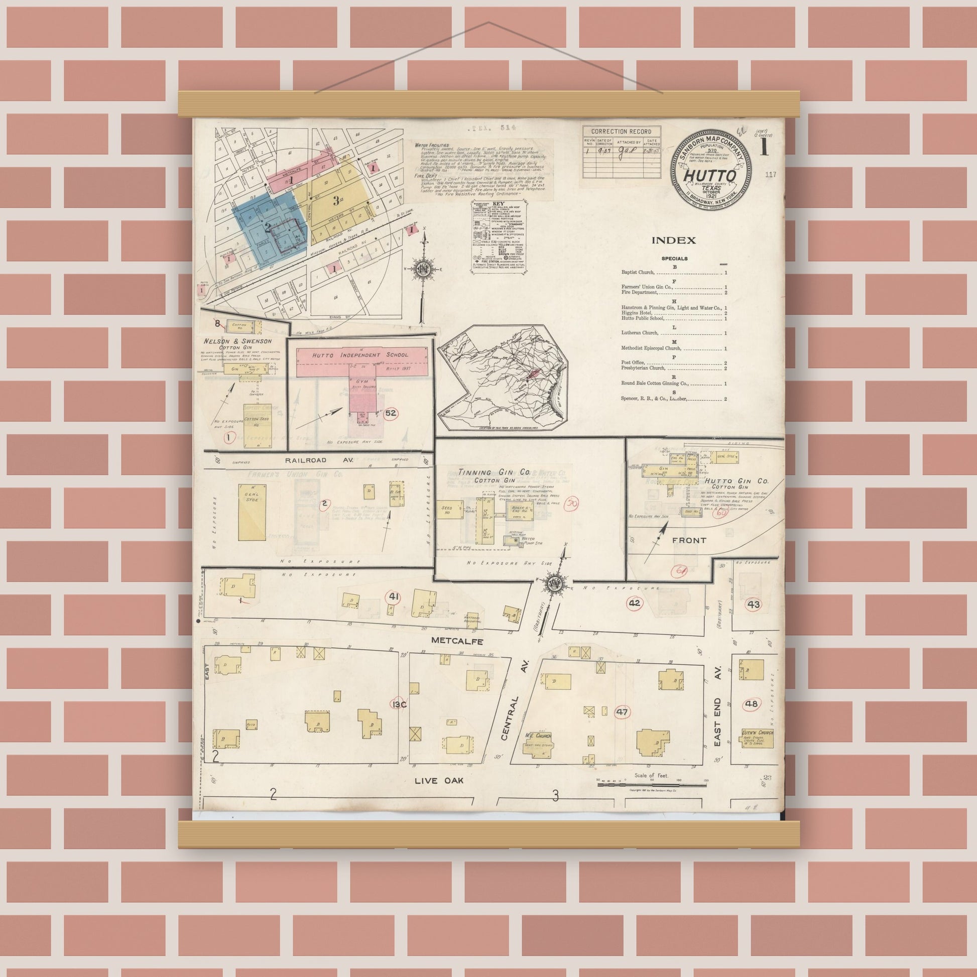 Old map wall art mockup — magnetic wood frame on brick wall — Sanborn Fire Insurance Map from Hutto, Williamson County, Texas (1937), Sheet #0001