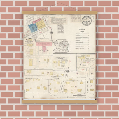 Old map wall art mockup — magnetic wood frame on brick wall — Sanborn Fire Insurance Map from Hutto, Williamson County, Texas (1937), Sheet #0001