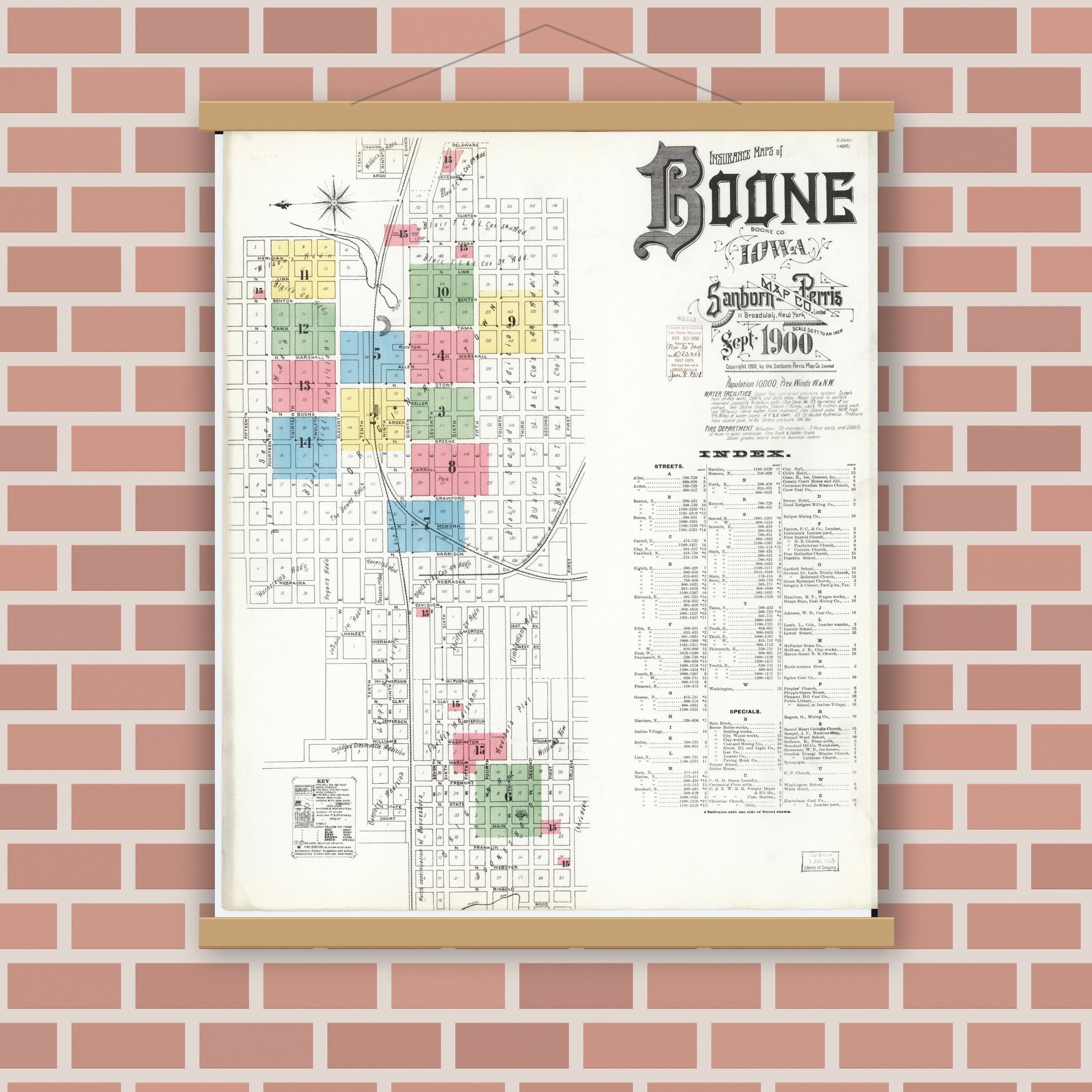 Old map wall art mockup — magnetic wood frame on brick wall — Sanborn Fire Insurance Map from Boone, Boone County, Iowa (1900) â€” Complete Set