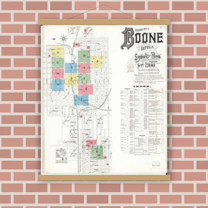 Old map wall art mockup — magnetic wood frame on brick wall — Sanborn Fire Insurance Map from Boone, Boone County, Iowa (1900) â€” Complete Set