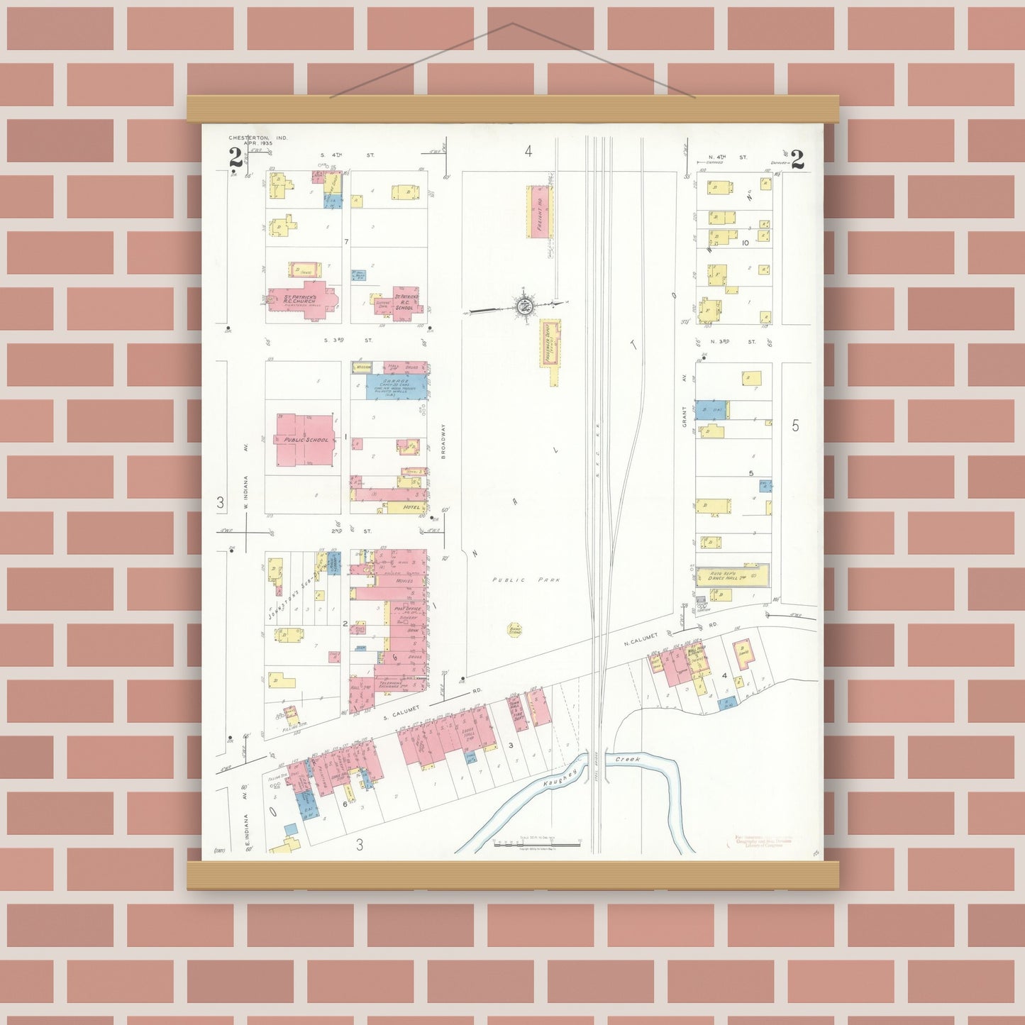Old map wall art mockup — magnetic wood frame on brick wall — Sanborn Fire Insurance Map from Chesterton, Porter County, Indiana (1935), Sheet #0002