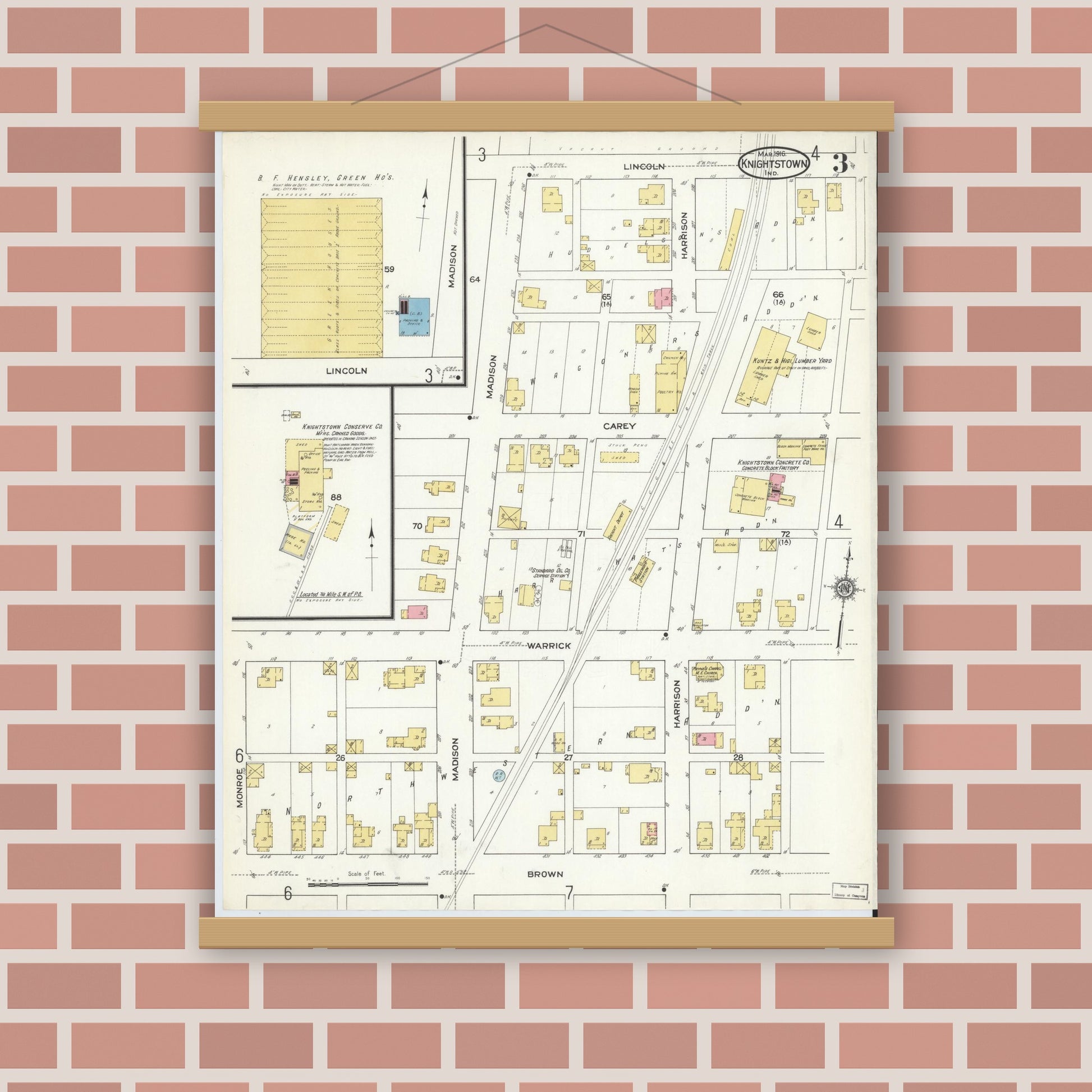 Old map wall art mockup — magnetic wood frame on brick wall — Sanborn Fire Insurance Map from Knightstown, Henry County, Indiana (1916), Sheet #0003