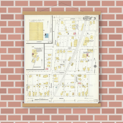 Old map wall art mockup — magnetic wood frame on brick wall — Sanborn Fire Insurance Map from Knightstown, Henry County, Indiana (1916), Sheet #0003