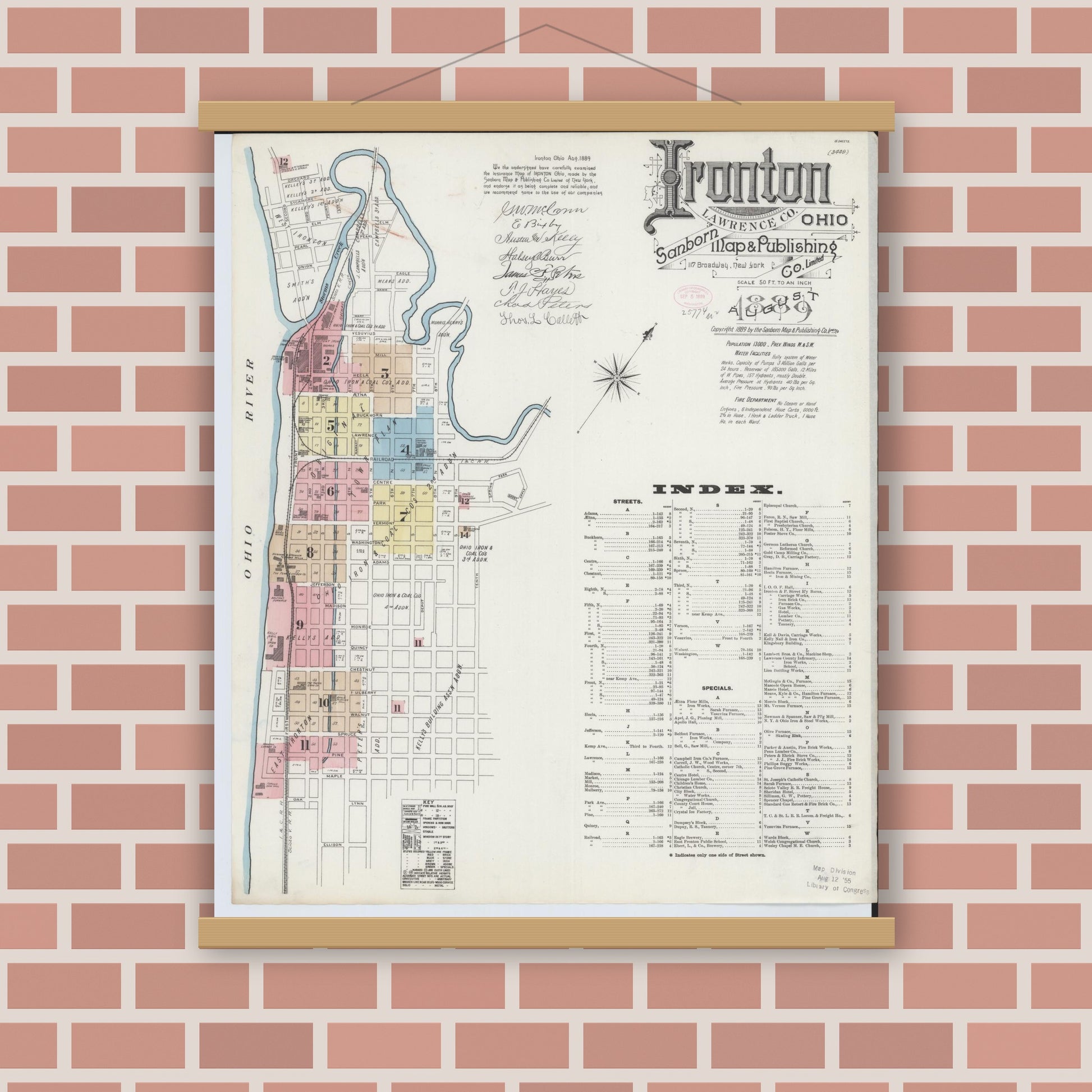 Old map wall art mockup — magnetic wood frame on brick wall — Sanborn Fire Insurance Map from Ironton, Lawrence County, Ohio (1889) - Complete Map Set