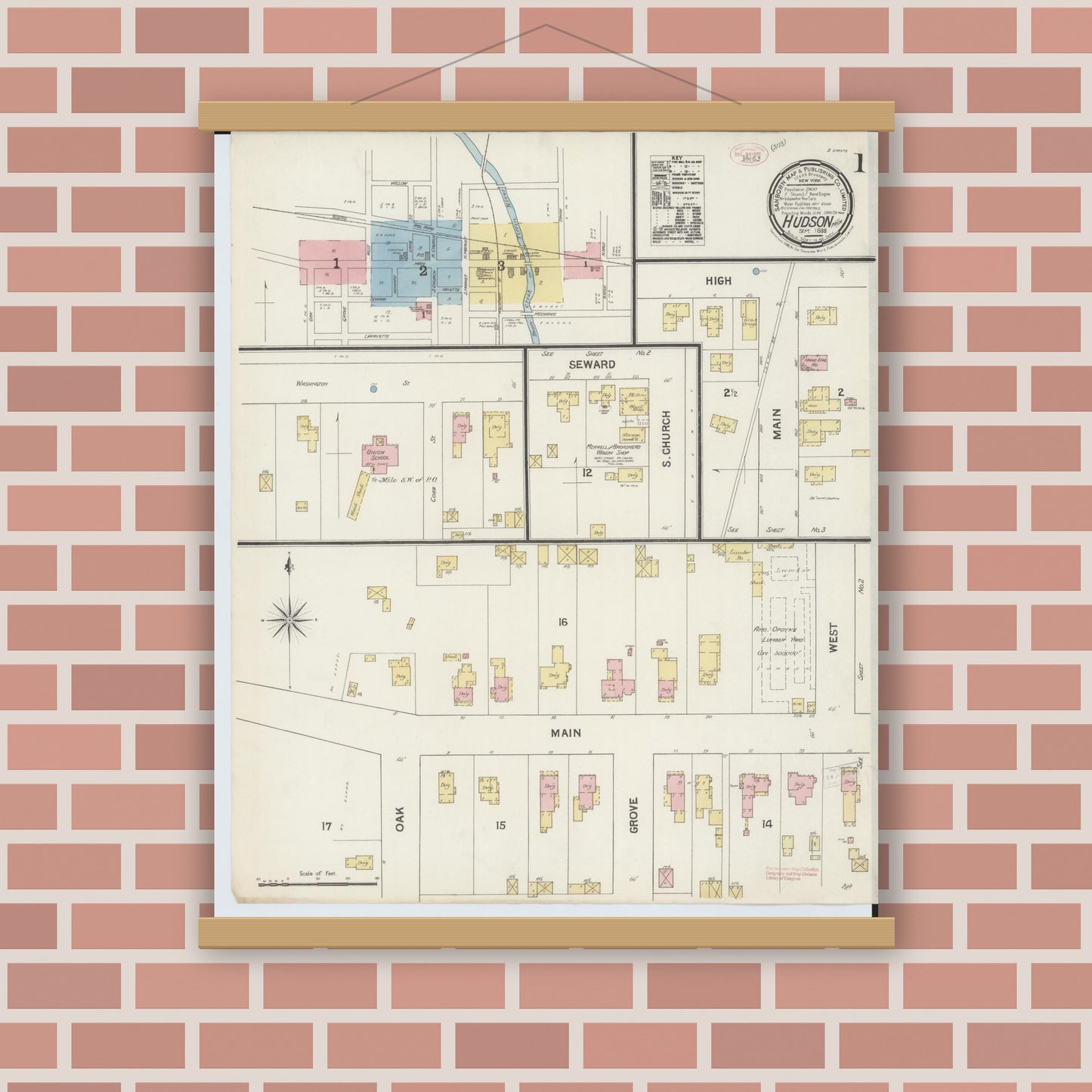 Old map wall art mockup — magnetic wood frame on brick wall — Sanborn Fire Insurance Map from Hudson, Lenawee County, Michigan (1888) - Complete Map Set
