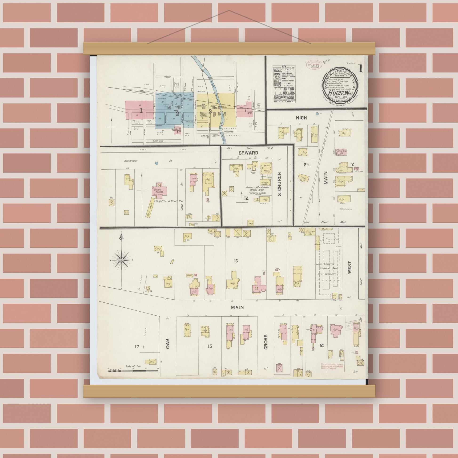 Old map wall art mockup — magnetic wood frame on brick wall — Sanborn Fire Insurance Map from Hudson, Lenawee County, Michigan (1888) - Complete Map Set
