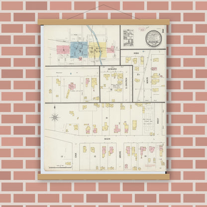 Old map wall art mockup — magnetic wood frame on brick wall — Sanborn Fire Insurance Map from Hudson, Lenawee County, Michigan (1888) - Complete Map Set